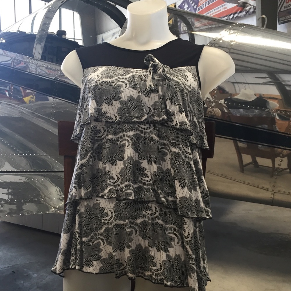 Ruffled Black and White Blouse Size M
